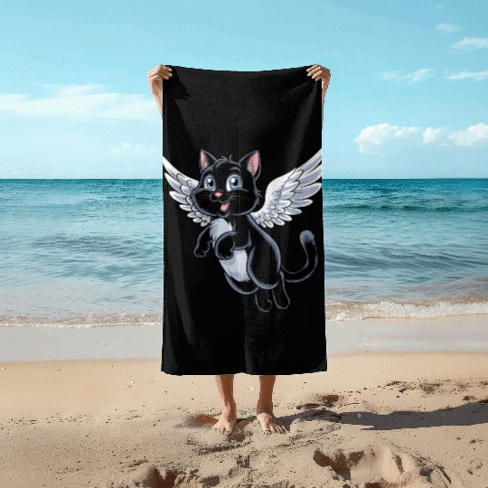 Black Cat with Angel Wings Beach Towels