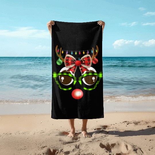 Reindeer face coquette bow Christmas Plaid Glasses Beach Towels