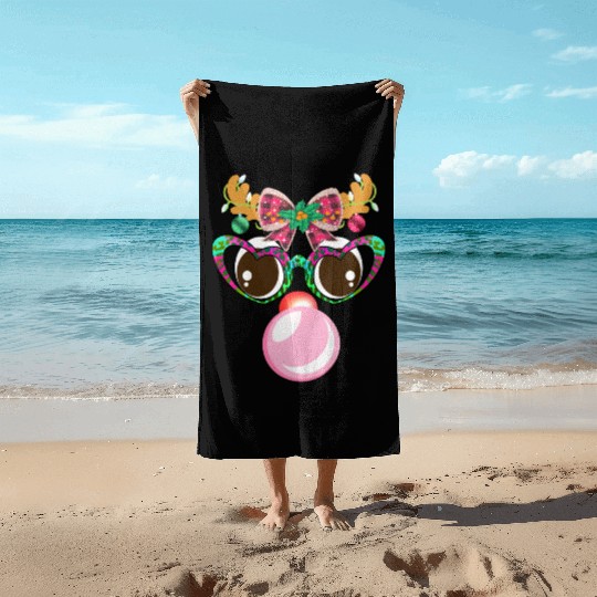 Reindeer face Blowing Bubble coquette bow Xmas Beach Towels