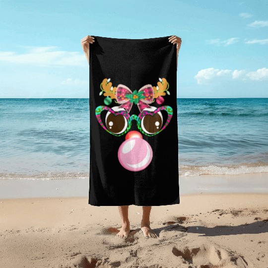 Reindeer face Blowing Bubble coquette bow Xmas Beach Towels