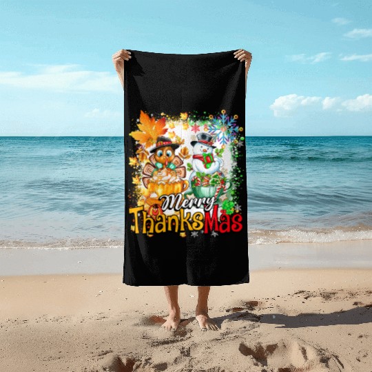 Merry Thanksmas Turkey Snowman Coffee latte cup Beach Towels