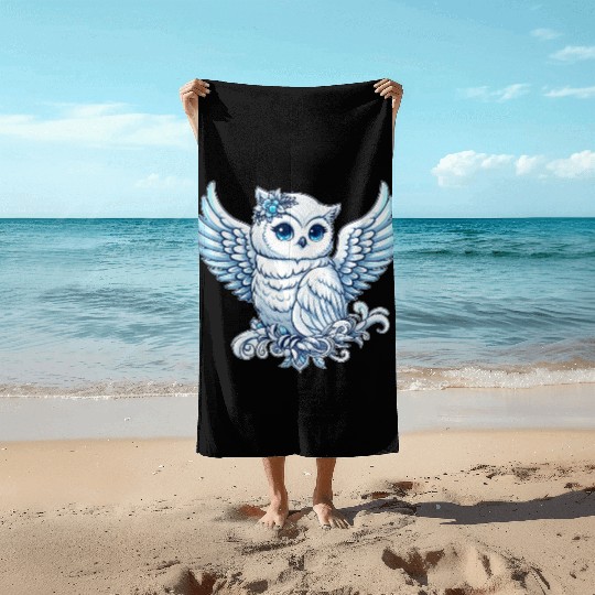 Cute snowy owl blue eyes angel wings cartoon Beach Towels