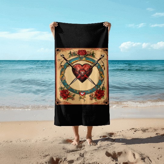 Traditional Tattoo Heart with Cupid Bow Beach Towels