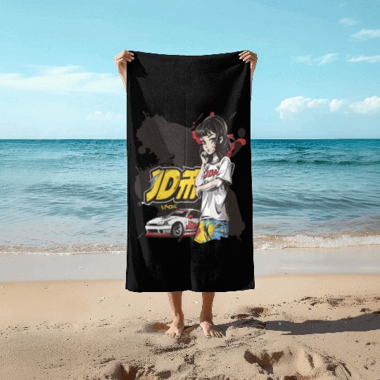 Cute Anime Girl JDM Car Street Racer Beach Towels
