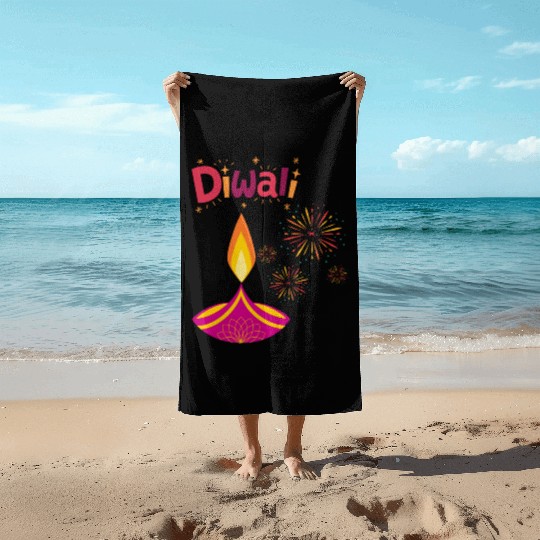 Diwali Design with Lamp & Festive Fireworks Beach Towels