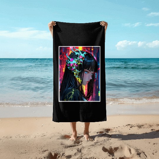Neon Skull Queen - Anime Portrait Beach Towels