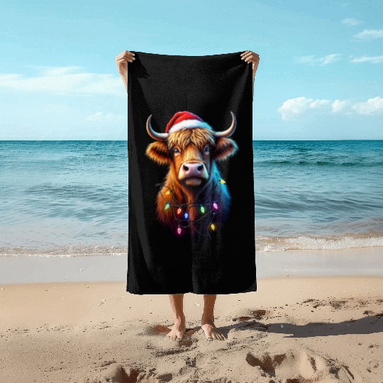 Scottish Highland Cow With Xmas Lights Beach Towels
