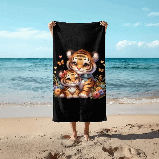 Adorable Tiger Cubs Surrounded by Butterflies and Beach Towels