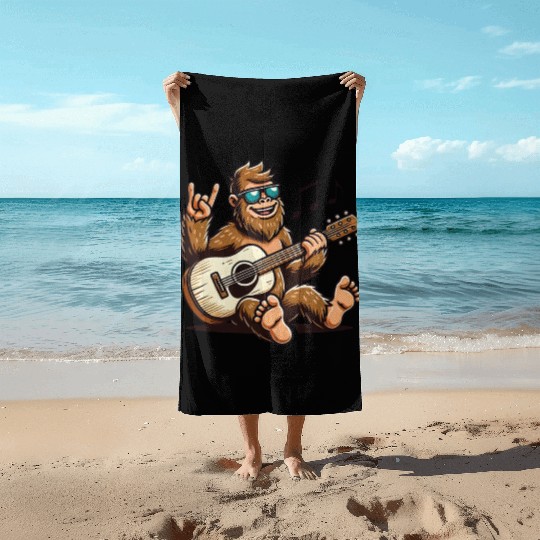 Funny Bigfoot Sasquatch Singing Guitar Playing Beach Towels