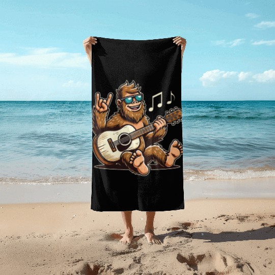 Funny Bigfoot Sasquatch Singing Guitar Playing Beach Towels
