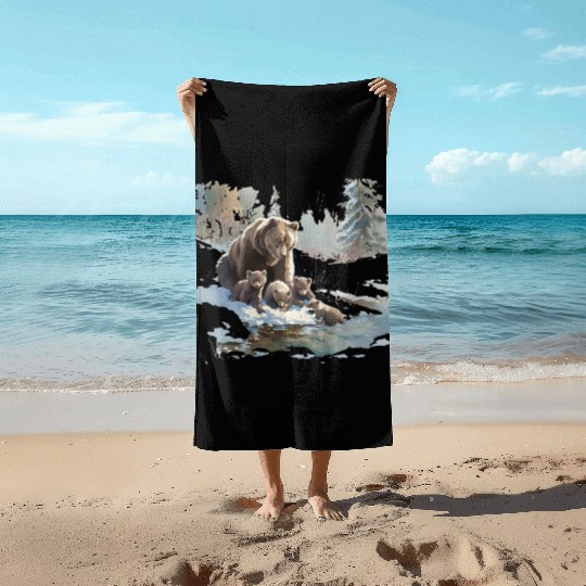 Retro 399 Grizzly Bears Wilderness Scene 90s Beach Towels