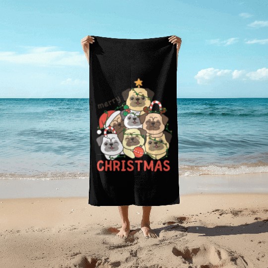 Pug Christmas Tree Merry Christmas Beach Towels