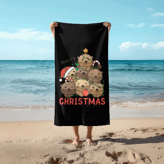 Otter Christmas Tree Merry Christmas Beach Towels