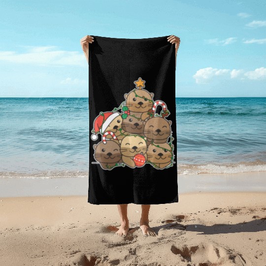 Otter Christmas Tree Funny Animal Christmas Beach Towels