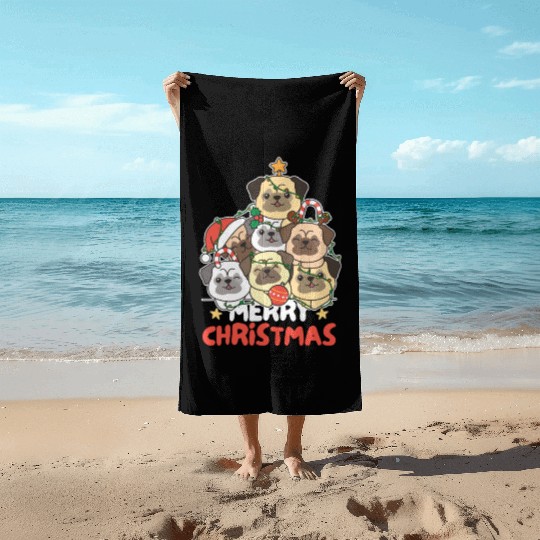 Pug Christmas Tree Merry Christmas Beach Towels