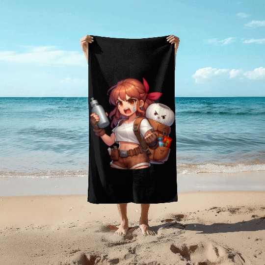 Adventurous Anime Girl Ready For Action Beach Towels