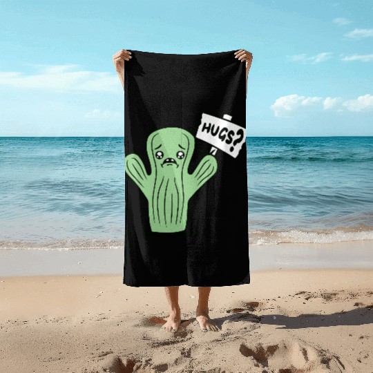 Funny Cactus Sad Face Hugs Sign Lonely Cry Comic Beach Towels