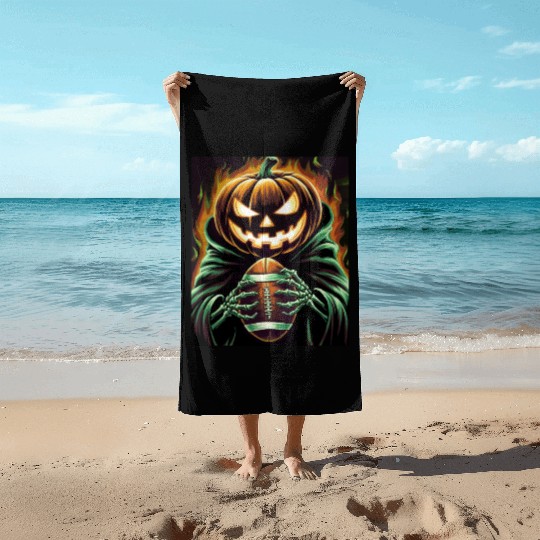 Spooky Halloween Football Jack-O'-Lantern pumpkin Beach Towels