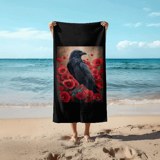 Raven Red Poppies Gothic Nature Art natural Beach Towels