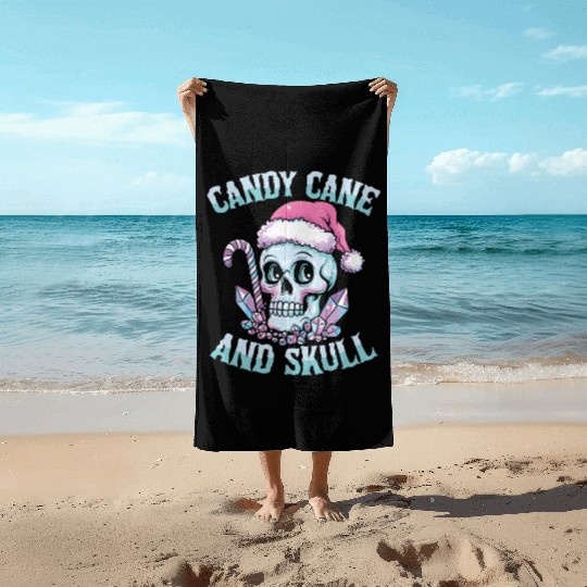 Candy Cane And Skull Pastel Goth Christmas Skull Beach Towels