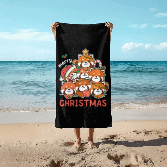 Red Panda Christmas Tree Merry Christmas Beach Towels
