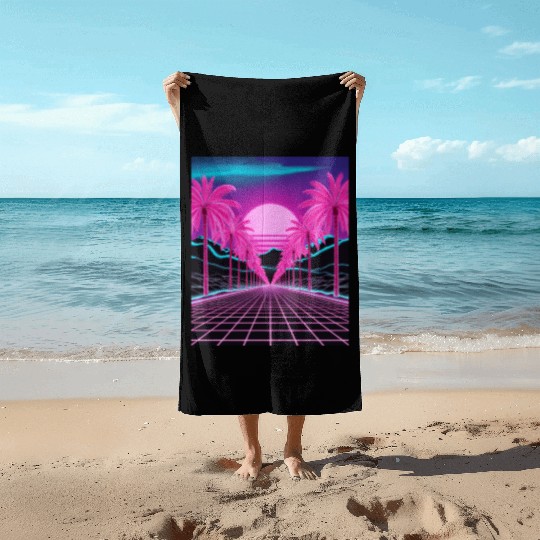 Neon Dreamscape: Retro-Futuristic Synthwave Sunset Beach Towels