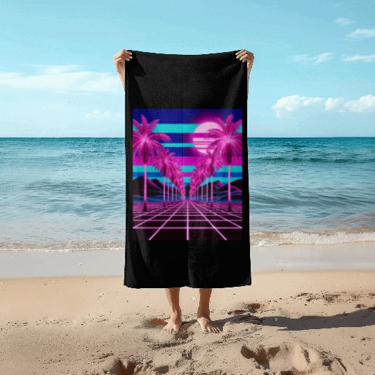 Neon Dreamscape: Retro-Futuristic Synthwave Sunset Beach Towels