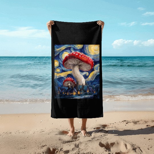 Starry Night Mushroom Surreal Dreamscape nature Beach Towels