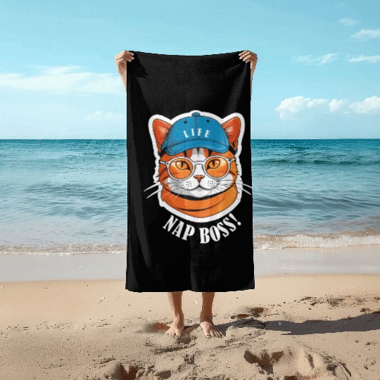 Cat Nap Boss with Cap and Sunglasses Beach Towels