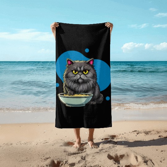 Persian Cat with Food Bowl - Adorable Cartoon Styl Beach Towels