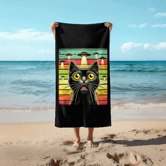 Fun Cat sunset Galaxy Cat Spaceship Alien Cat UFOs Beach Towels