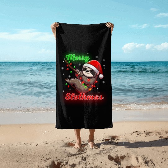 Merry Slothmas Sloth In Santa Hat Christmas Beach Towels