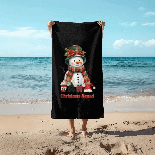 Snowman Christmas Family Gathering Beach Towels