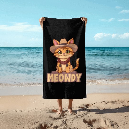Cowboy Cat "Meowdy" Western yellow wild west cat Beach Towels