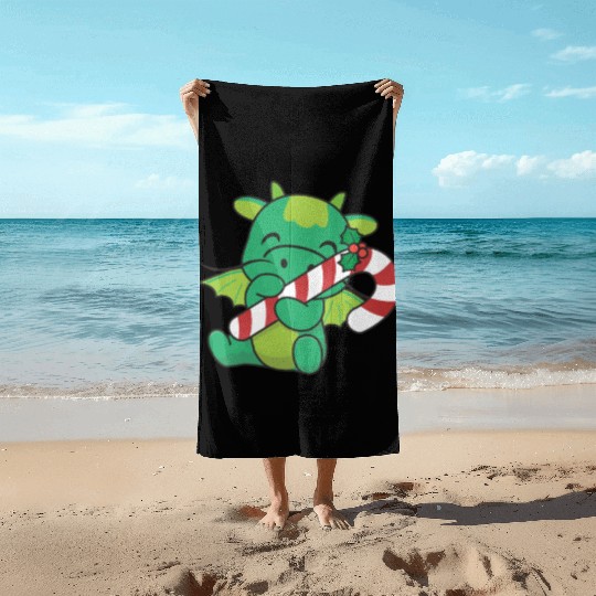 Dragon Christmas Candy Cane Cute Dragon Beach Towels