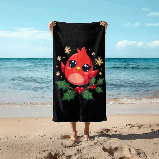 Elegant Christmas Cardinal on Holly Branch Beach Towels