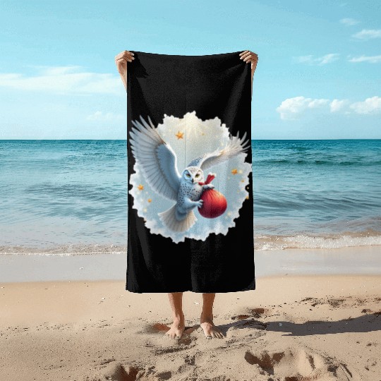Snowy Owl Carrying Christmas Gift Bag Beach Towels