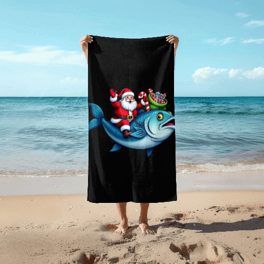 Santa on Bass Merry Fishmas Fishing Christmas Beach Towels