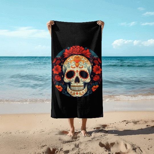 Black Colorful Dia De Los Muertos Beach Towels