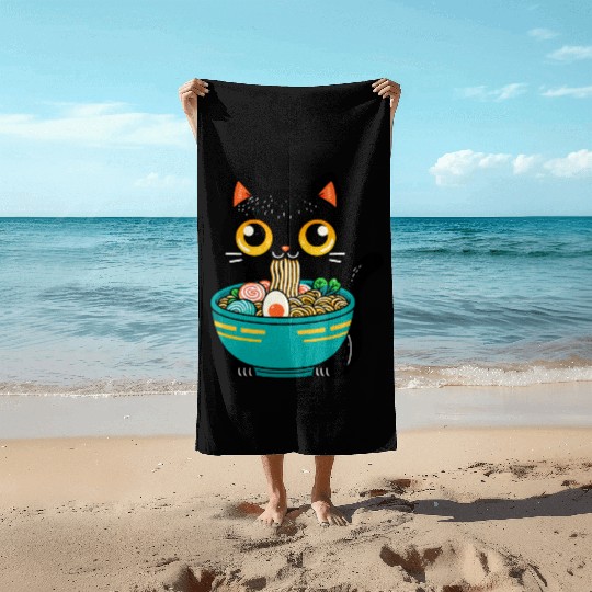 Funny Cat Eating Ramen Japanese Cat Ramen Noodles Beach Towels