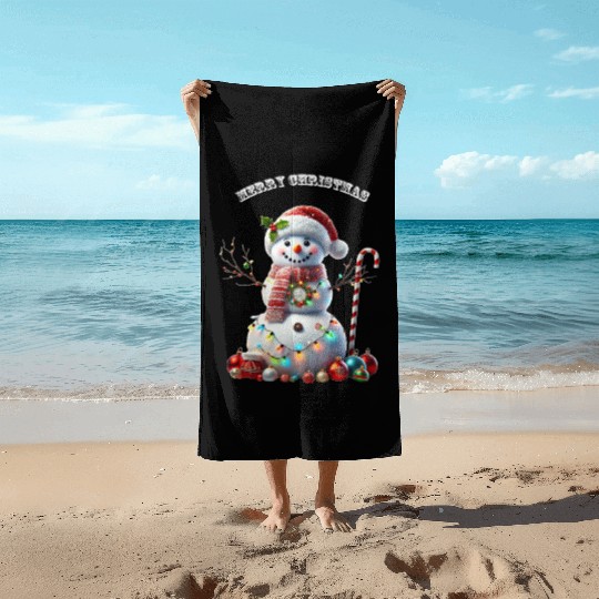 Christmas Holiday Snowman with Decorations URM Beach Towels