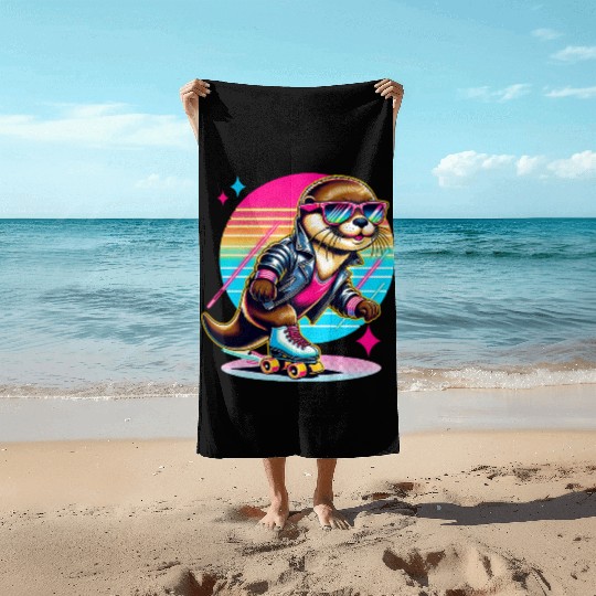 Retro Cool Otter Roller Skater Vibes Beach Towels