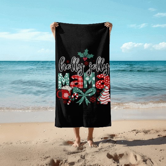 Holly Jolly Mama Coquette Bow Christmas Beach Towels