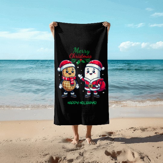 Cute Christmas Peanut and Marshmallow Friends Beach Towels