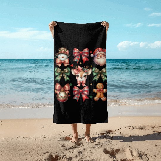 Christmas Coquette Bow Retro Christmas Beach Towels