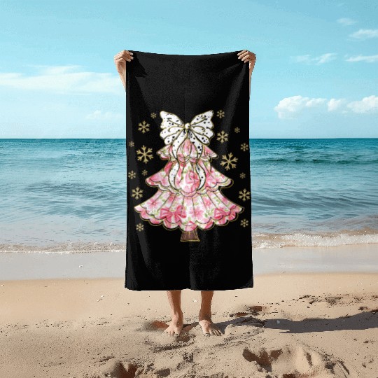 Preppy Pink Coquette Bow Xmas Tree Beach Towels