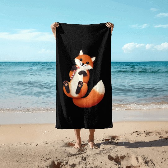 Playful fox with candy cane for Christmas Beach Towels