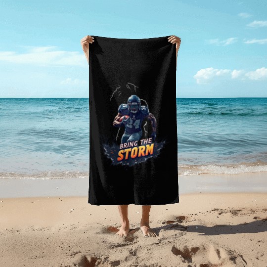 Bring the Storm: Electrifying Football Action Beach Towels