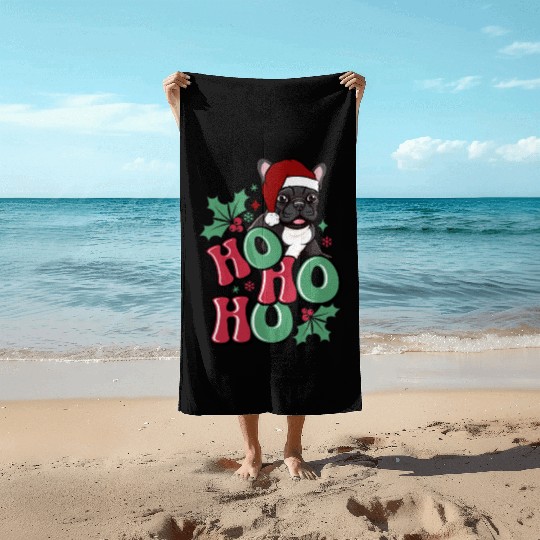 HO HO HO French Bulldog Holly Leaf Funny Beach Towels