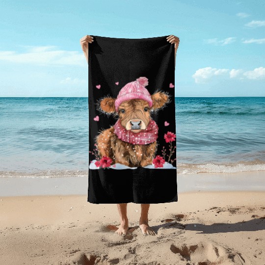 Cute Highland Cow Valentines Day Beach Towels